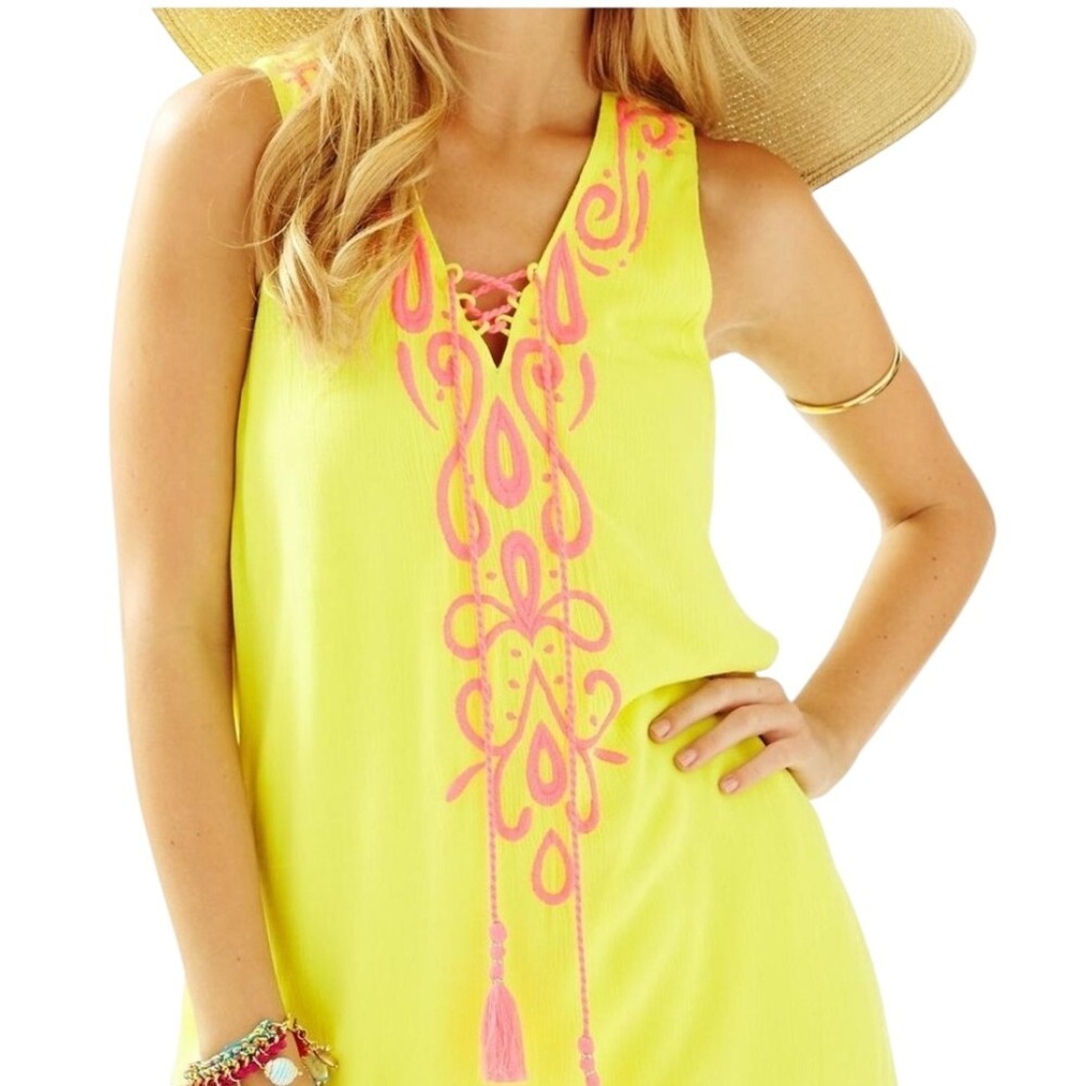 Lilly Pulitzer Bethany Sleeveless Embroidered Shift Dress Neon Yellow Size Med - Picture 3 of 8